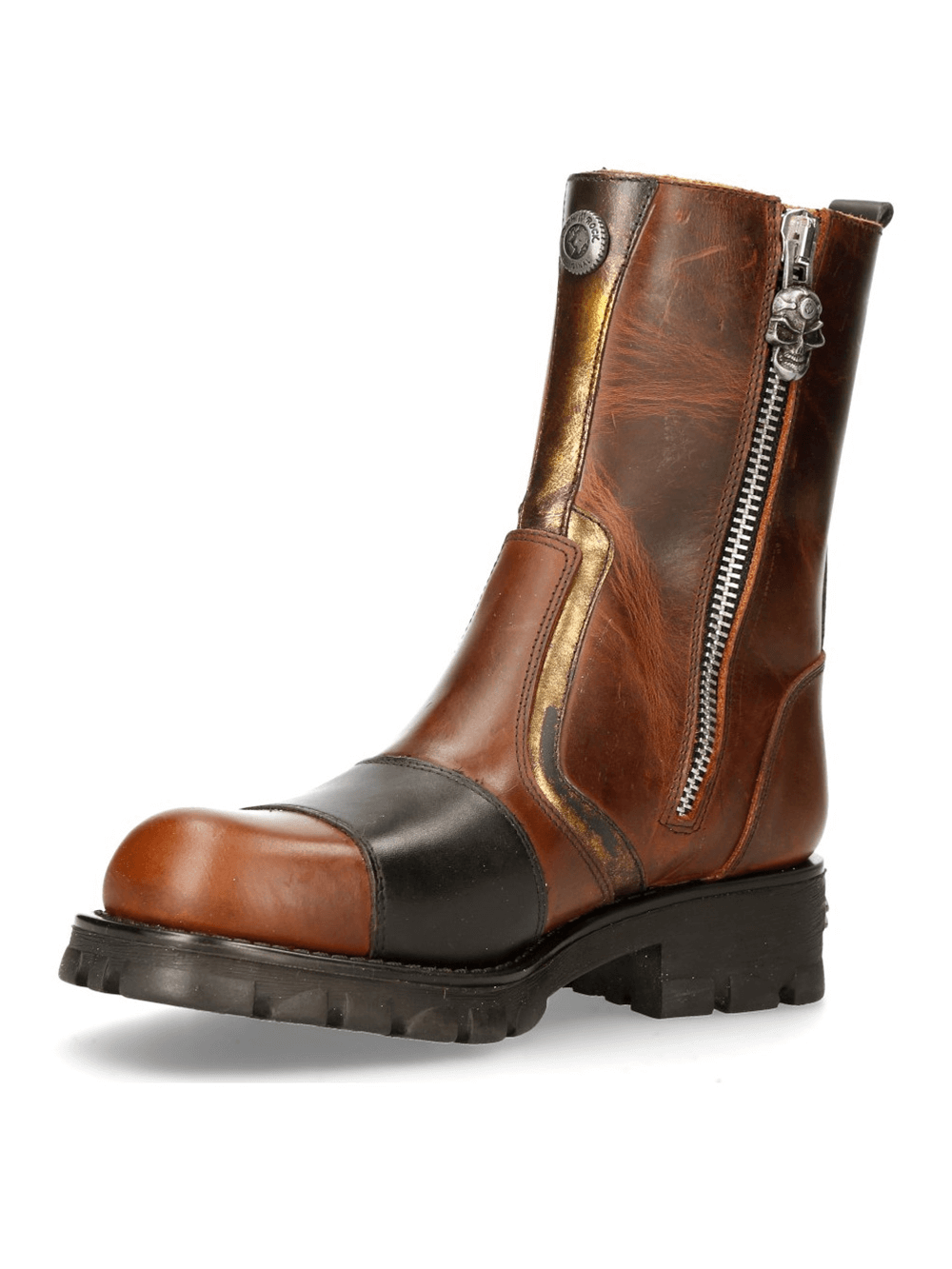 Stylish NEW ROCK brown and black biker boots with zipper, elastic, and durable design for rock and ride enthusiasts.