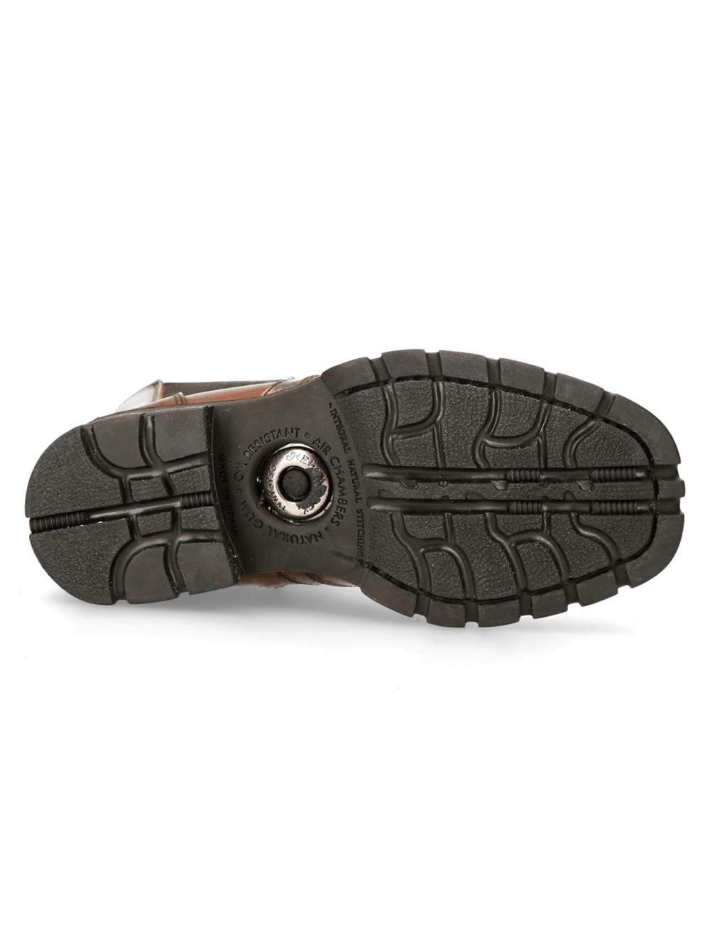 Sole of NEW ROCK biker boots showcasing durable rubber tread for grip and stability.