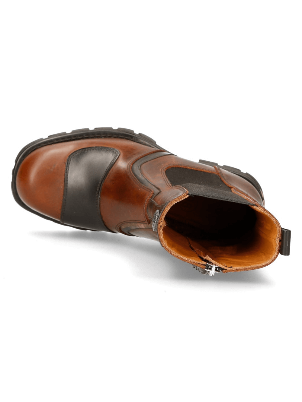 Top view of NEW ROCK brown and black biker boots showcasing zipper, elastic, and leather design.