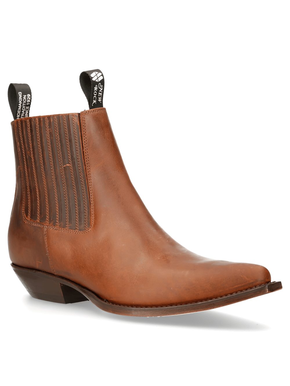 NEW ROCK Brown Biker Boots with Zipper for Men, crafted with genuine cowhide leather for durability and style.