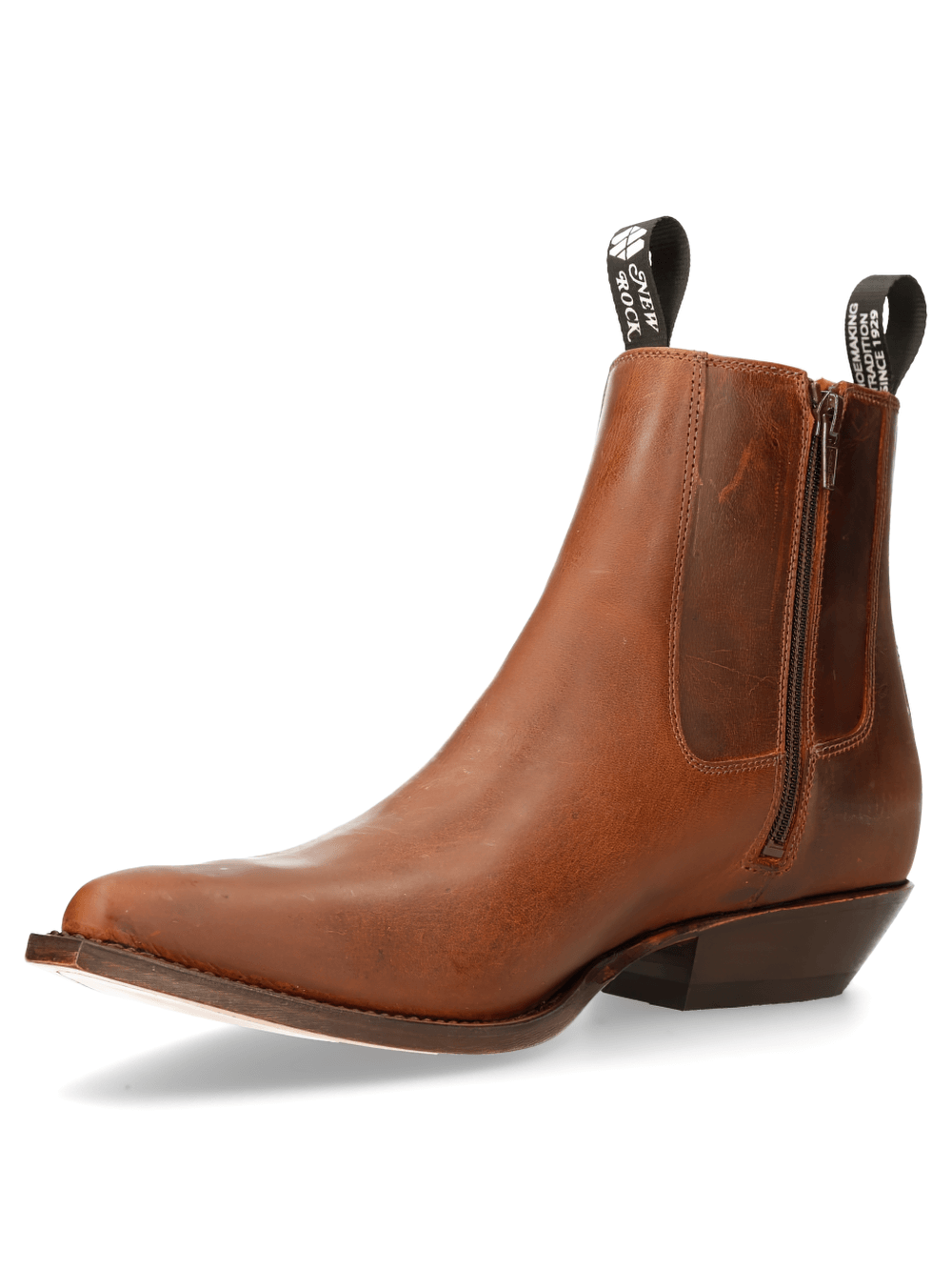 NEW ROCK Brown leather biker boots with side zipper for men, perfect for a rugged look and easy wear.