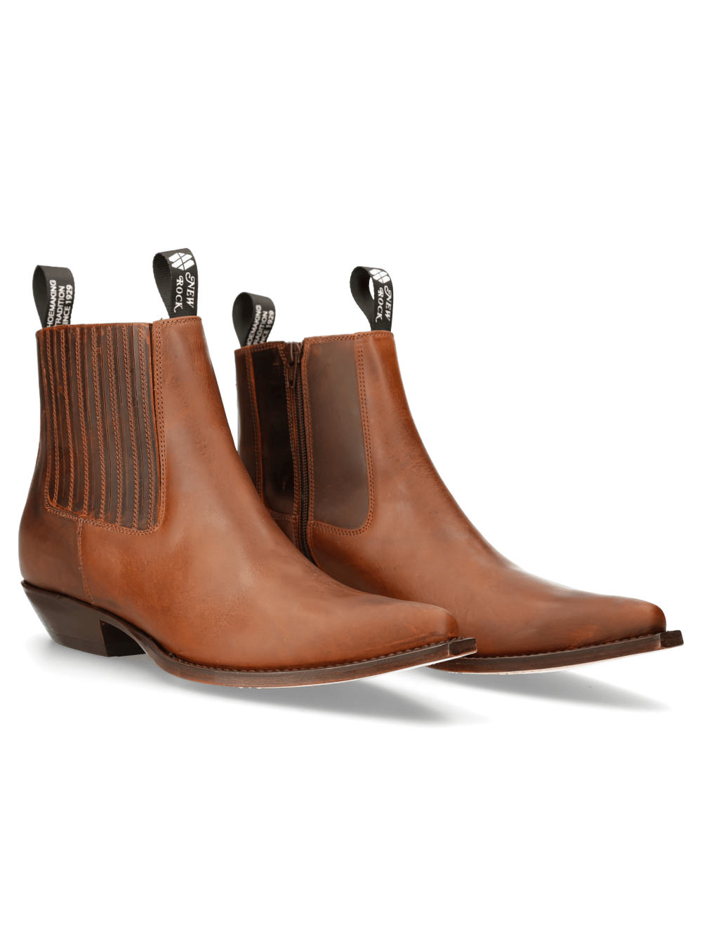 NEW ROCK brown leather biker boots with side zipper and Cuban heel for men - stylish and durable ankle footwear.