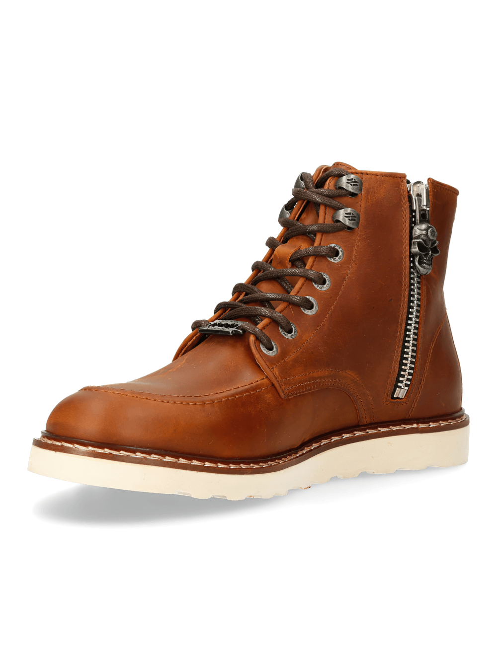 NEW ROCK brown leather ankle boots with zipper and laces for a punk rock style, featuring a sturdy rubber sole.