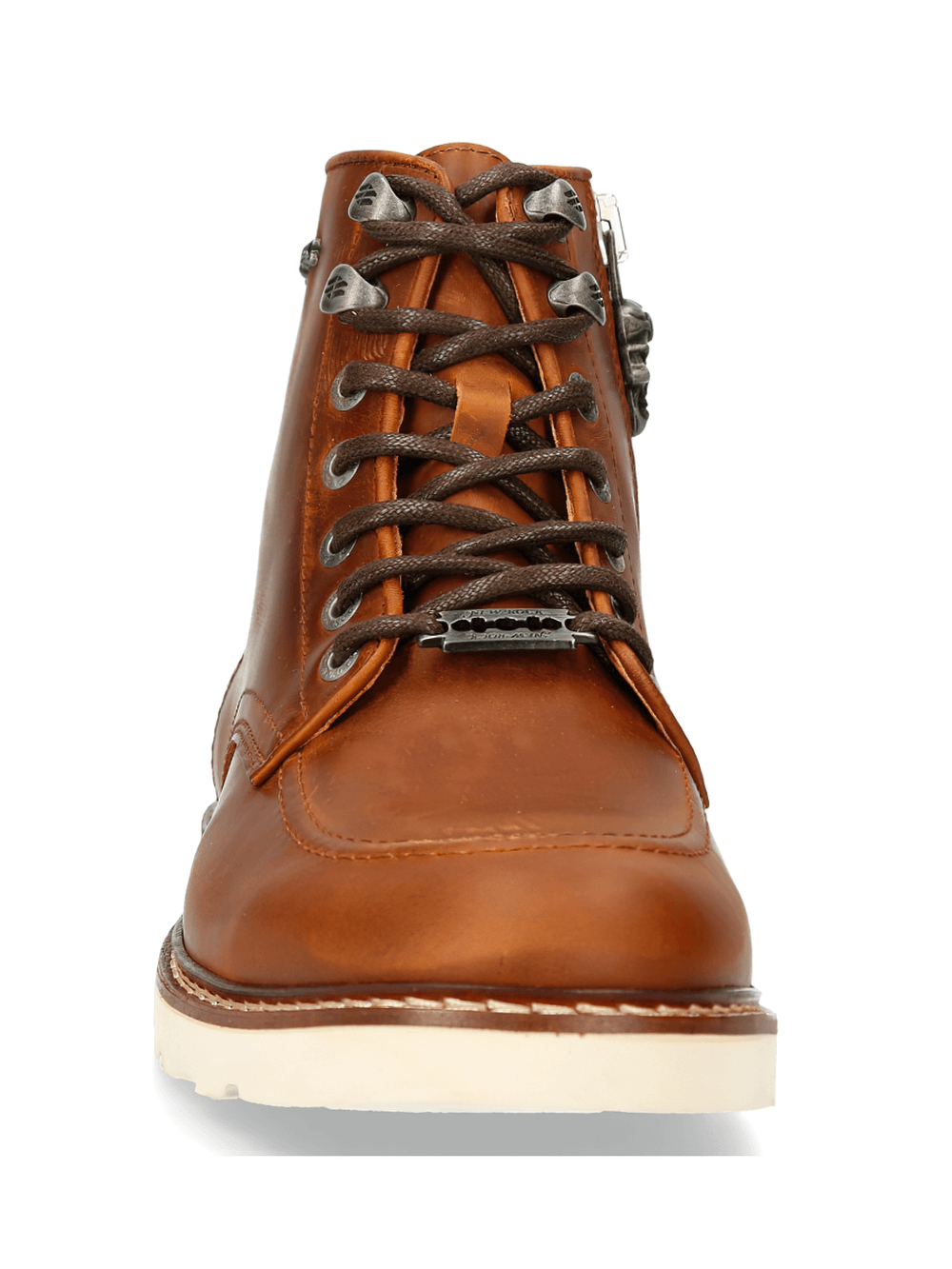 Front view of NEW ROCK brown leather ankle boots with zipper and laces, showcasing urban punk style and robust design.