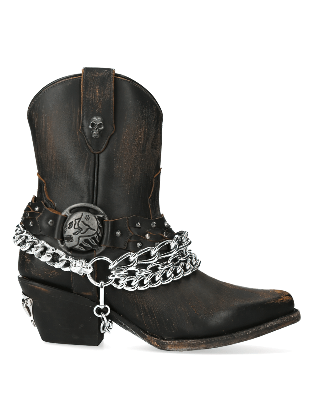 NEW ROCK Brown Leather Biker Boots with Skull and Chain, stylish Gothic ankle boots with unique chain detail.