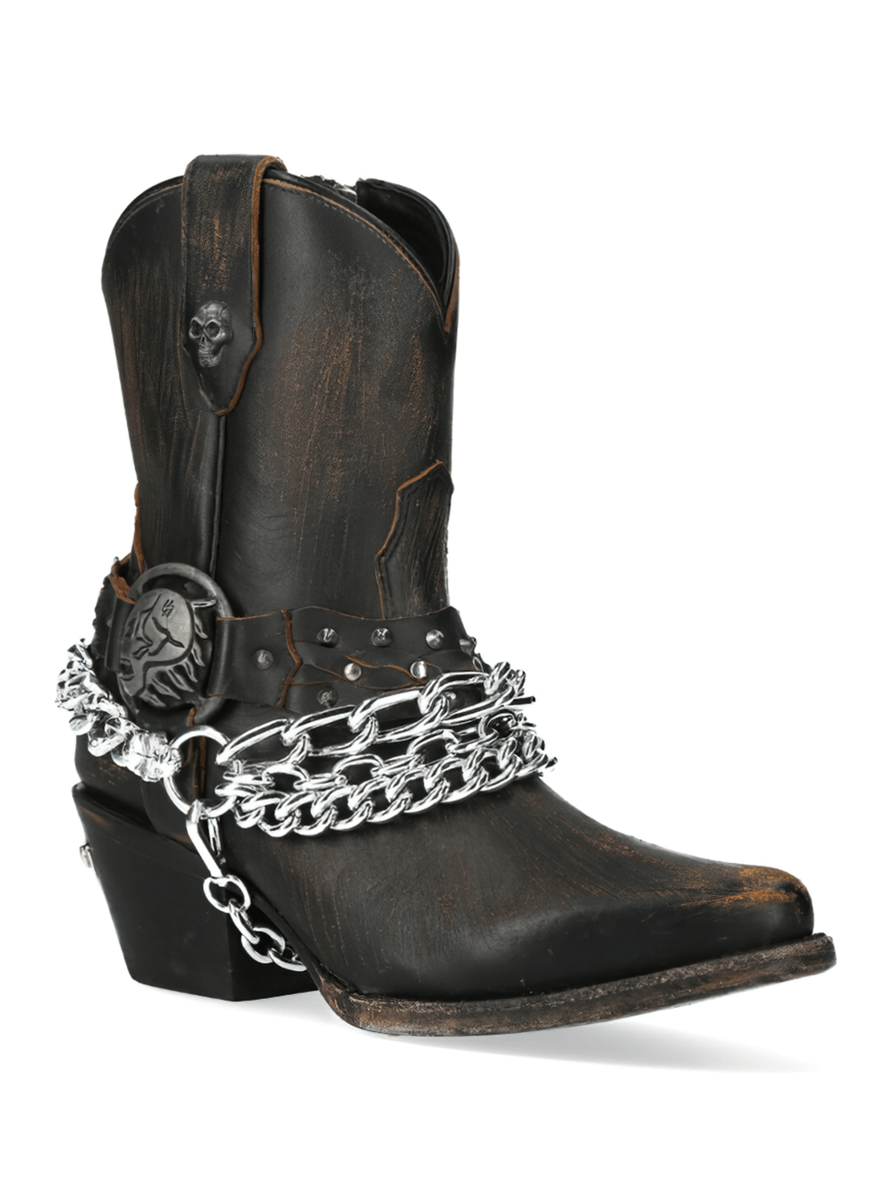 NEW ROCK brown leather biker boots with skull and chain detail, embodying rugged elegance and gothic flair.
