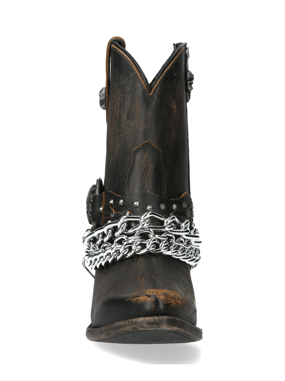 NEW ROCK Brown Leather Biker Boots featuring Gothic chain detail and rugged elegance, perfect for bold style enthusiasts.