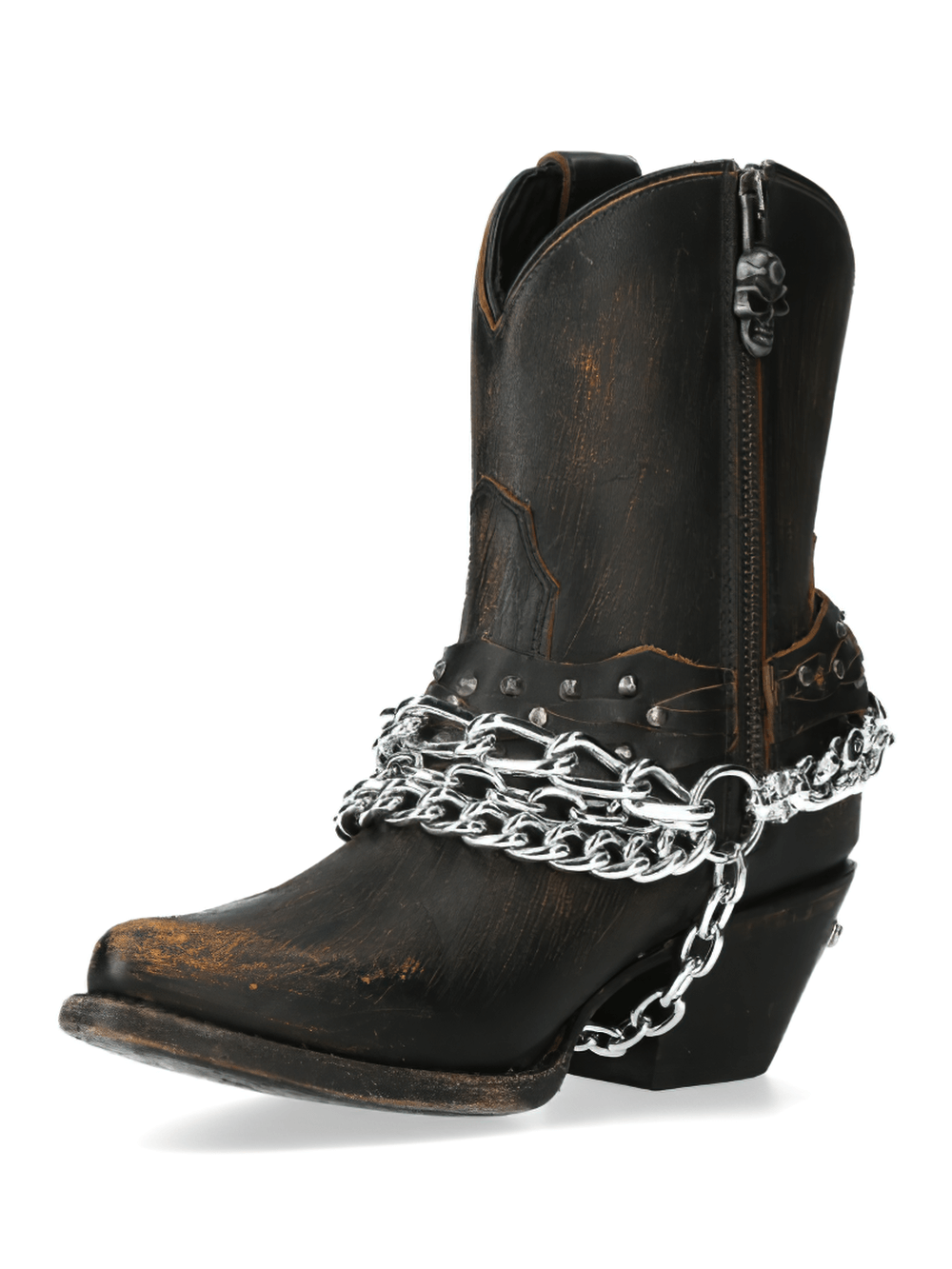 NEW ROCK brown leather biker boots with skull and chain detail, showcasing rugged elegance and Gothic flair.