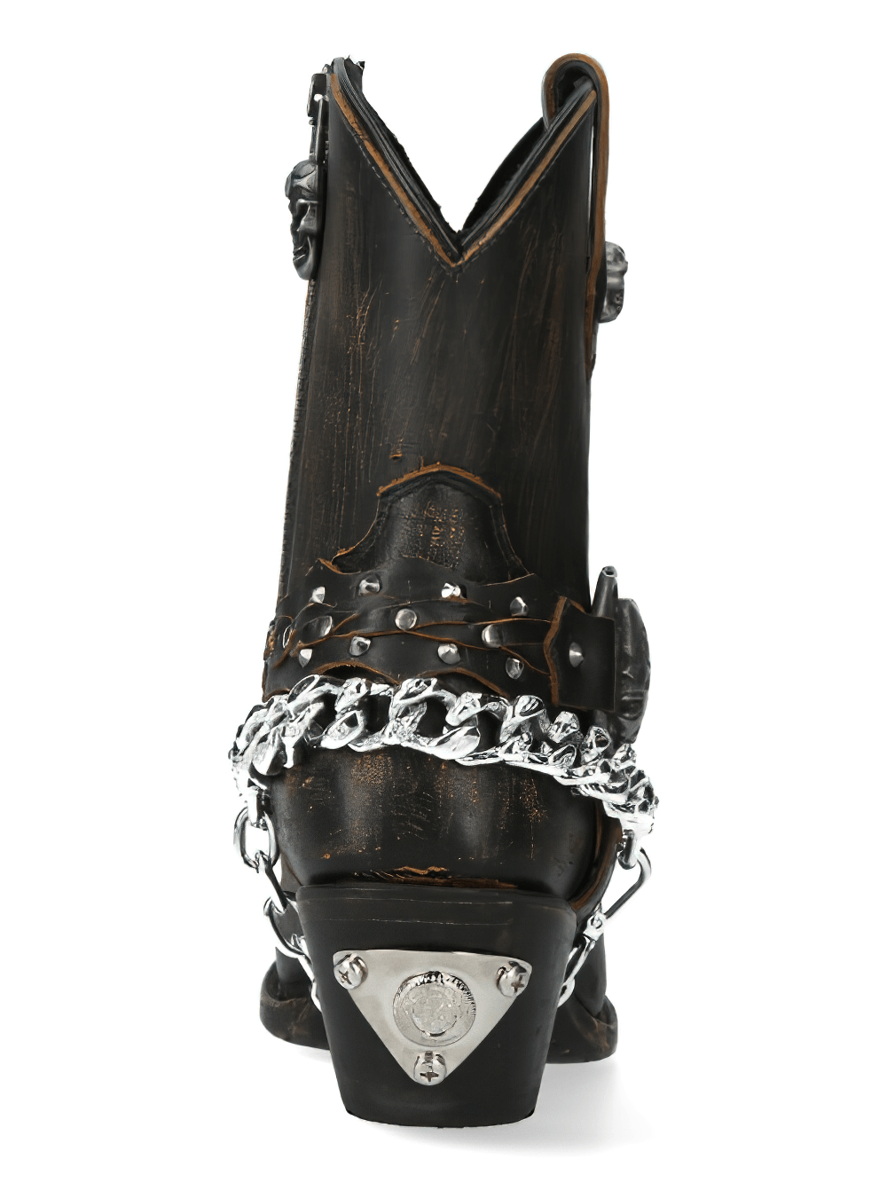 Back view of NEW ROCK brown leather biker boots showcasing unique skull and chain design.