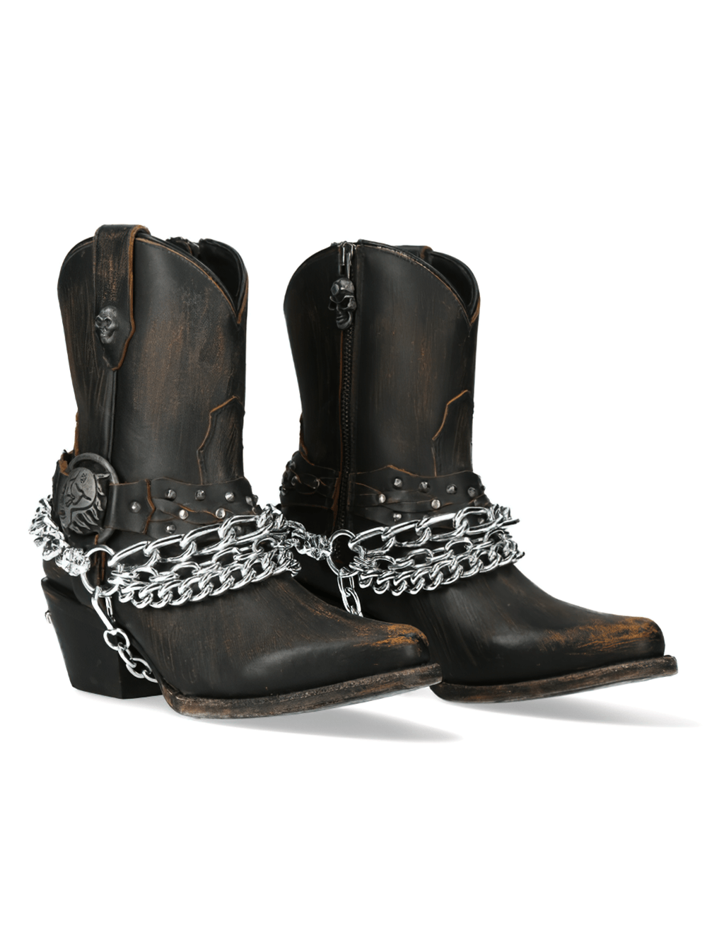 NEW ROCK Brown Leather Biker Boots with Skull and Chain