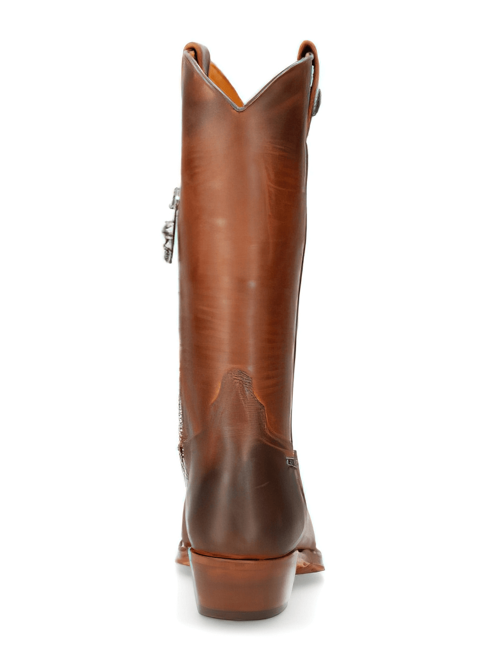 Brown leather cowboy boots with zipper, showcasing chic Western style from the back.