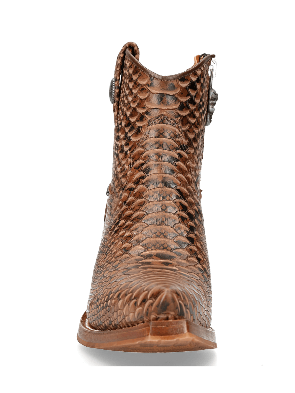 NEW ROCK brown python print ankle boots with zipper, featuring exotic leather design and sleek silhouette.