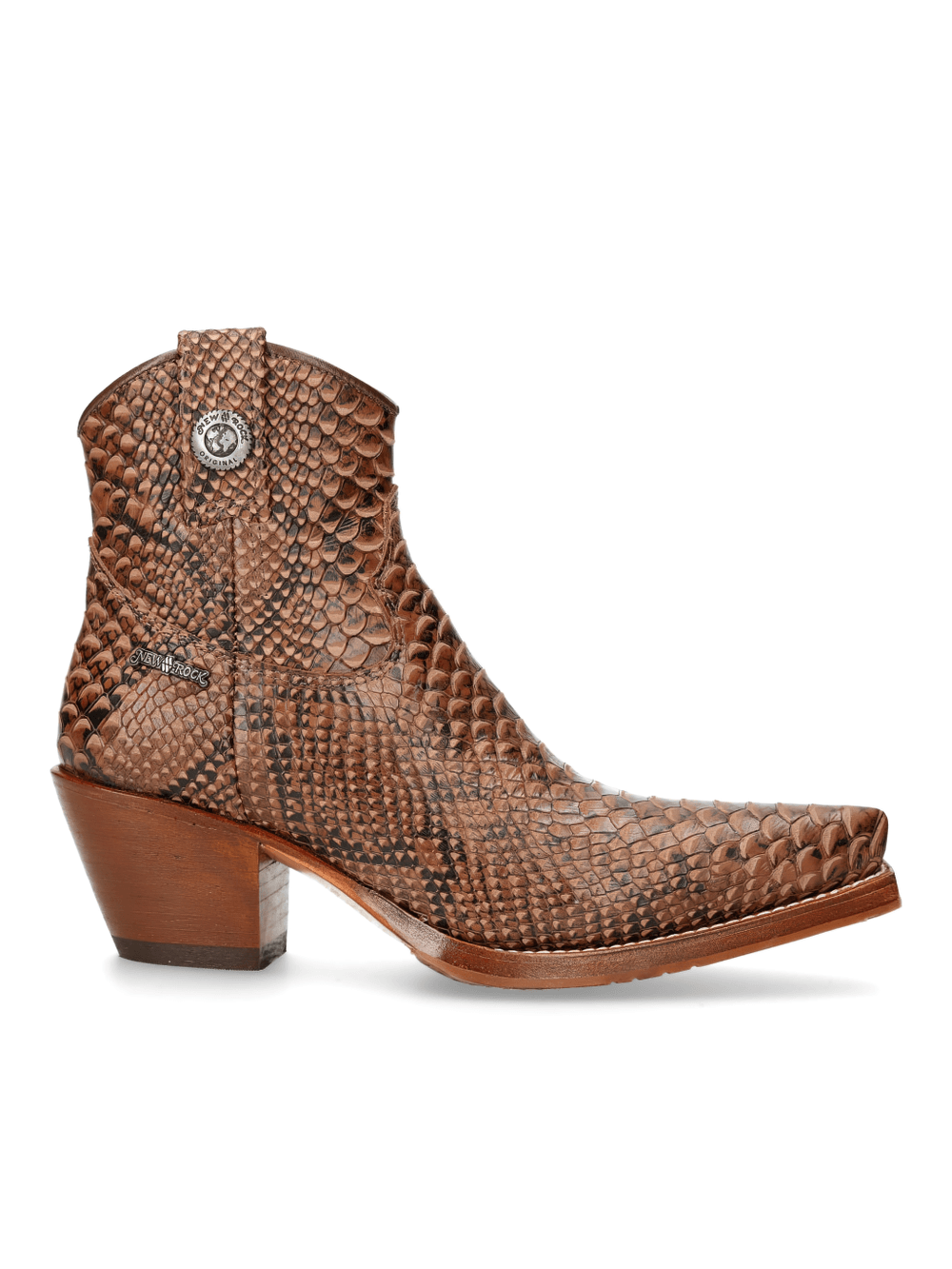Stylish NEW ROCK brown python print ankle boots with zipper, perfect for any edgy outfit.