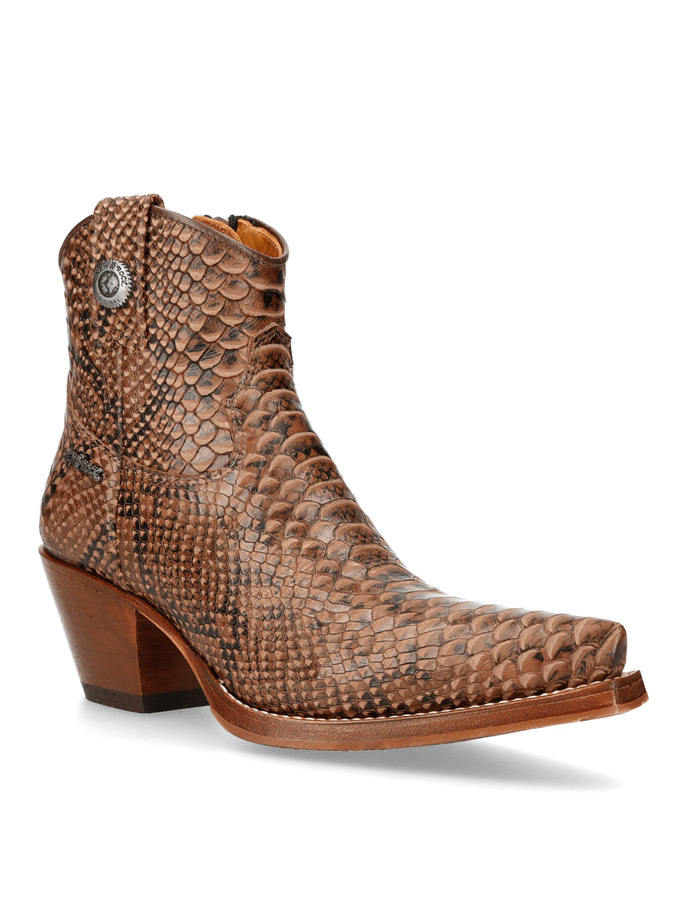 Stylish NEW ROCK brown python print ankle boots with zipper for edgy sophistication and durability.