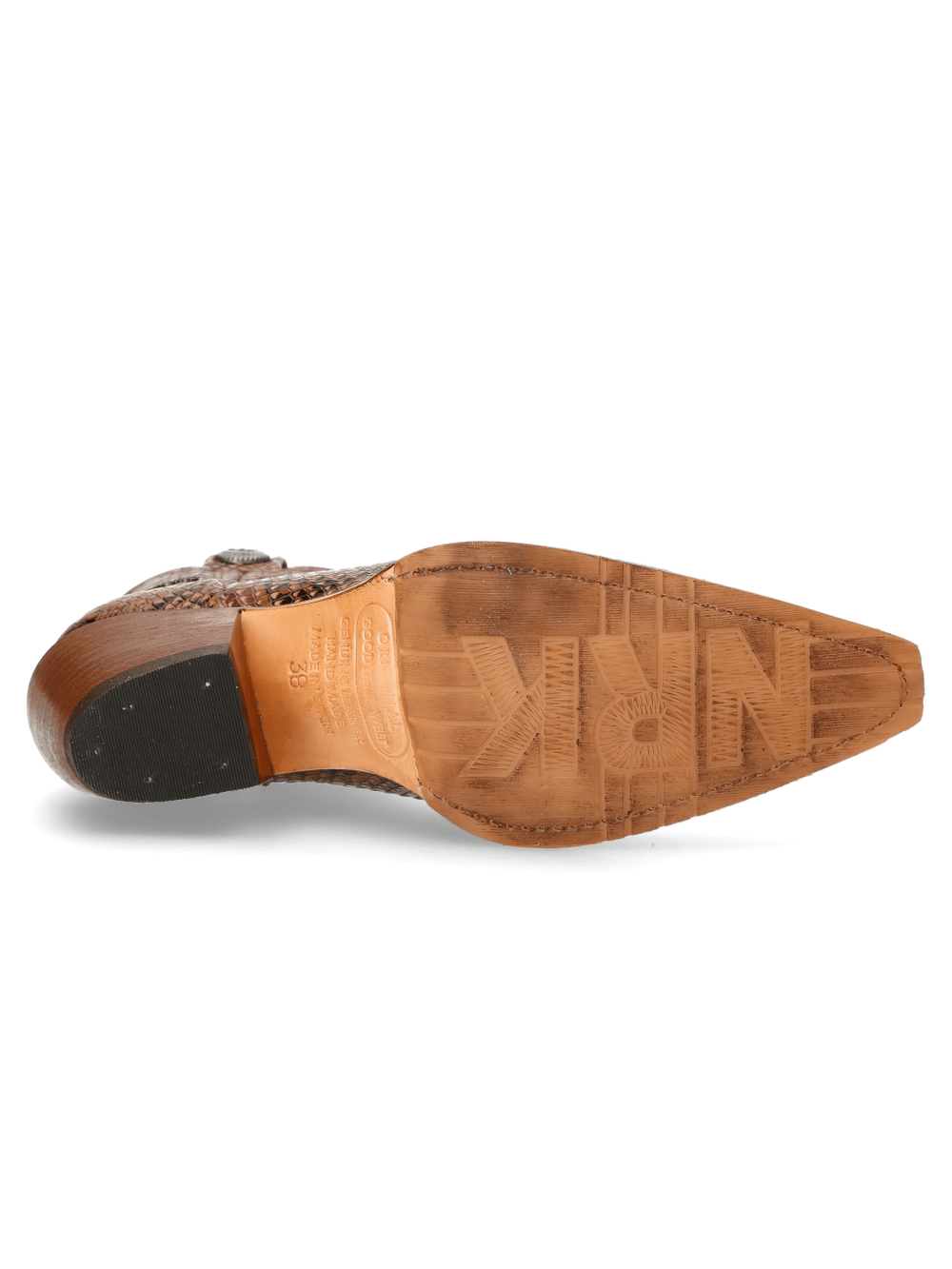 Sole of NEW ROCK brown python print ankle boots showing Goodyear welt construction for durability.