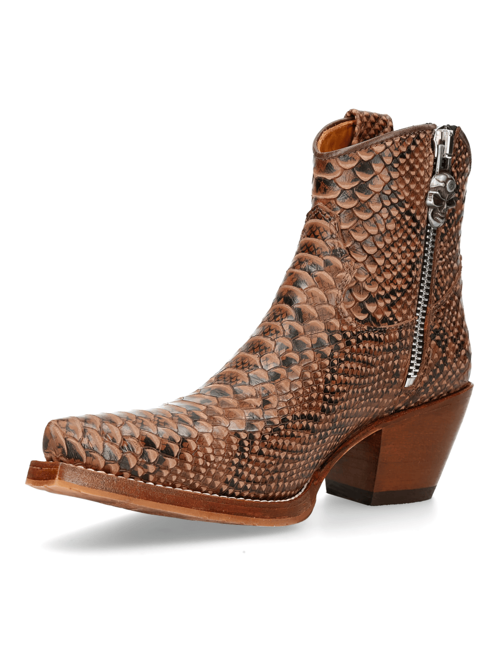 NEW ROCK Brown Python Print Ankle Boots with Zipper, stylish snakeskin leather footwear for women.