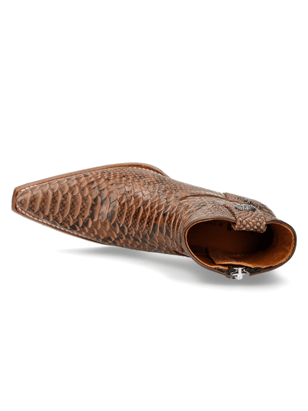 NEW ROCK brown python print ankle boot showcasing genuine leather and sleek zipper design.