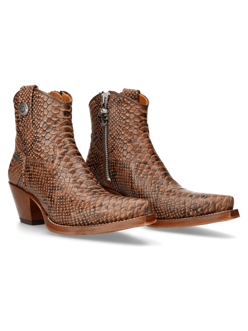 NEW ROCK Brown Python Print Ankle Boots with Zipper, featuring exotic leather design for stylish cowgirls.