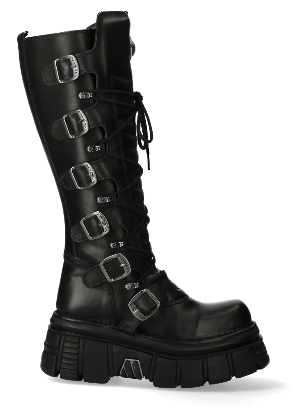 Gothic-inspired high boots with buckles and lace, featuring a chunky platform and heel for an edgy look.