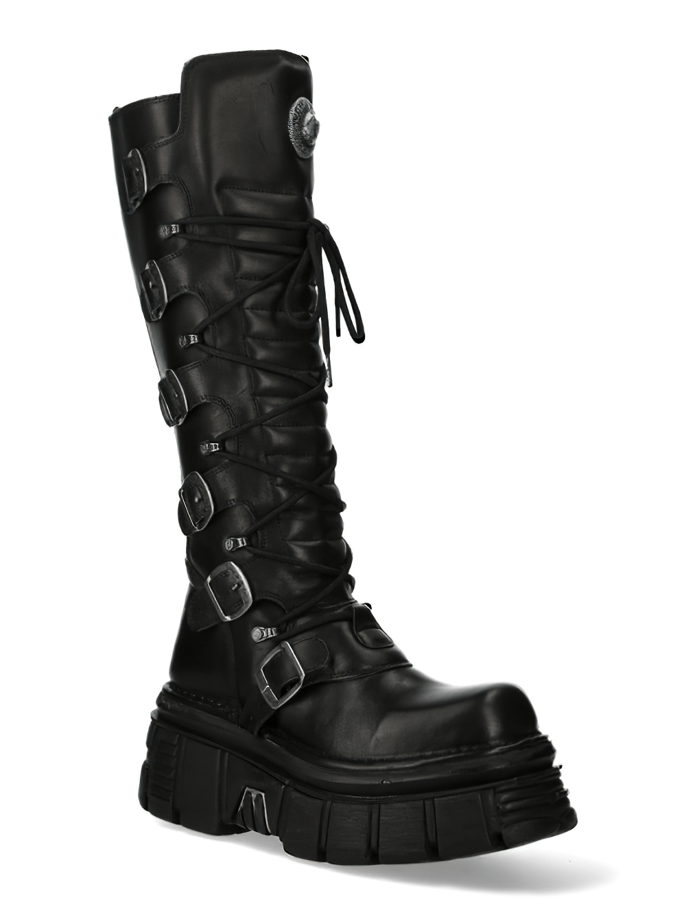 NEW ROCK Gothic Buckled High Boots with Metallic Accents and Lace, perfect for punk and rock enthusiasts.