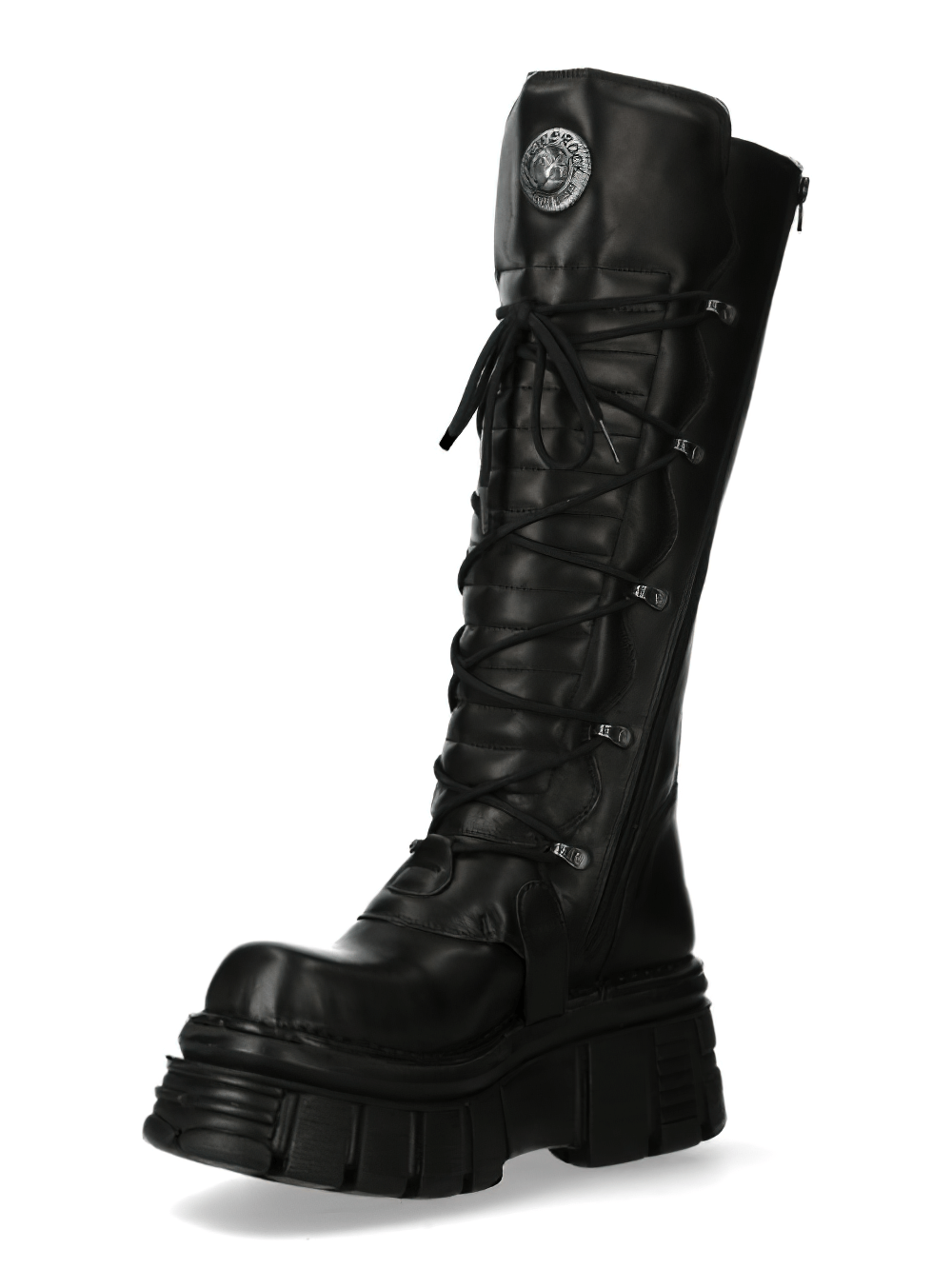 Gothic-inspired New Rock high boots with lace, buckle, and metallic accents in sleek black leather.