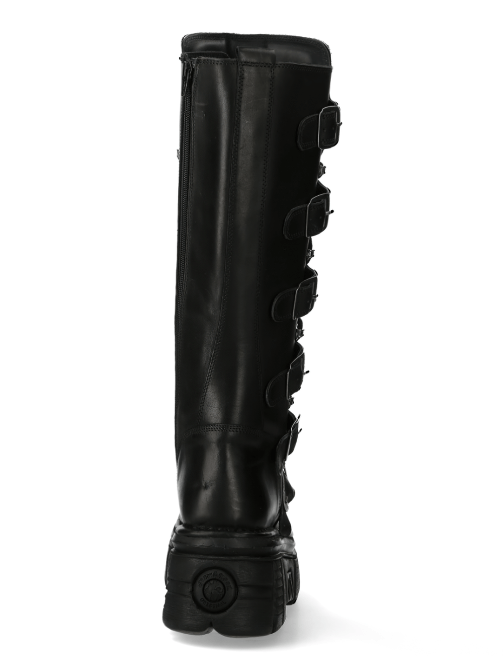 Gothic-inspired high boots in black leather with multiple buckle accents and a chunky sole, showcasing edgy punk style.