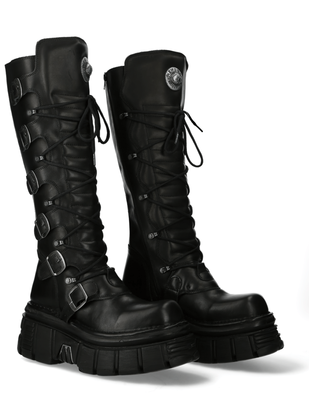 NEW ROCK high boots featuring lace-up design, buckles, and a chunky platform for an edgy gothic vibe.