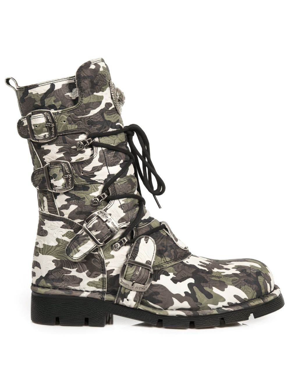 Stylish NEW ROCK men's camo print lace-up military boots with buckles and rugged sole for adventurous outings.