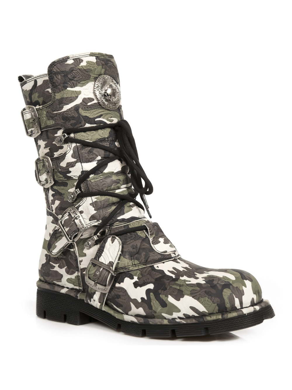 NEW ROCK Men's camo print military lace-up boots with a rugged design and metallic details.