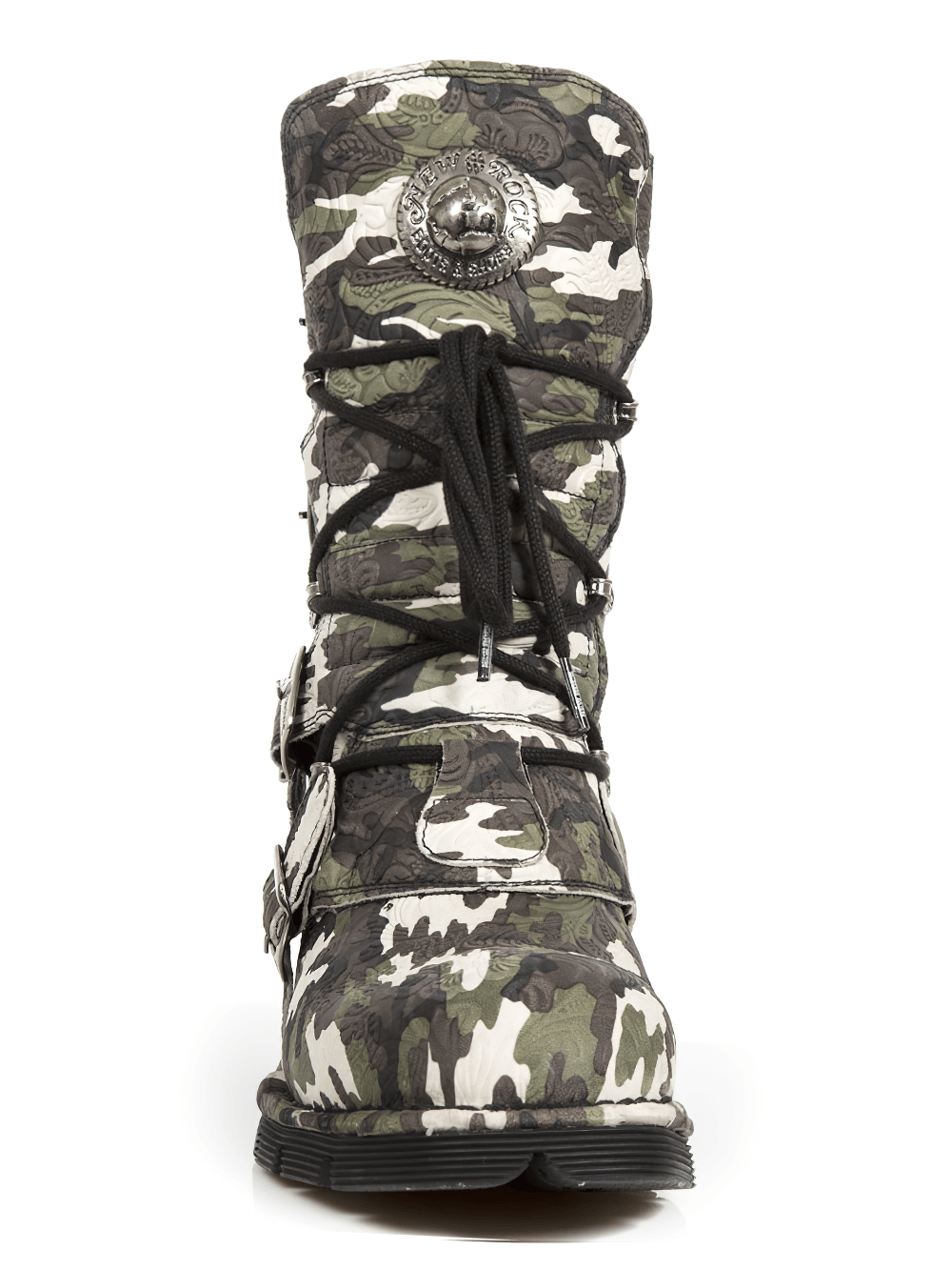 NEW ROCK Men's Camo Print Military-Inspired Lace-Up Boots with rugged design and metallic details.