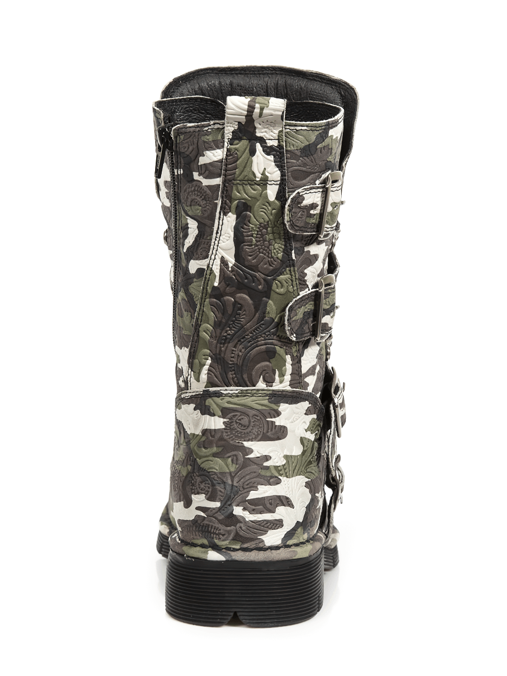 Back view of NEW ROCK Men's Camo Print Military Lace-Up Boots showcasing intricate camouflage design.