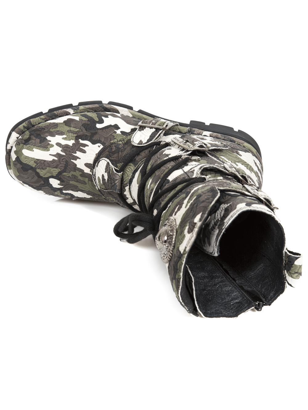 Stylish camo print military-inspired lace-up combat boots with durable sole and metallic details.