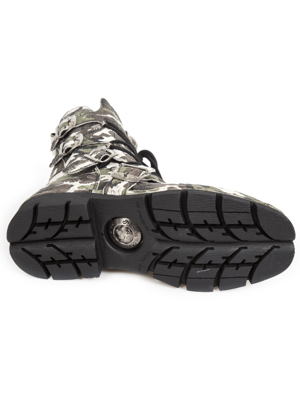 Bottom view of NEW ROCK camo print military lace-up boots showcasing durable sole and rugged design.