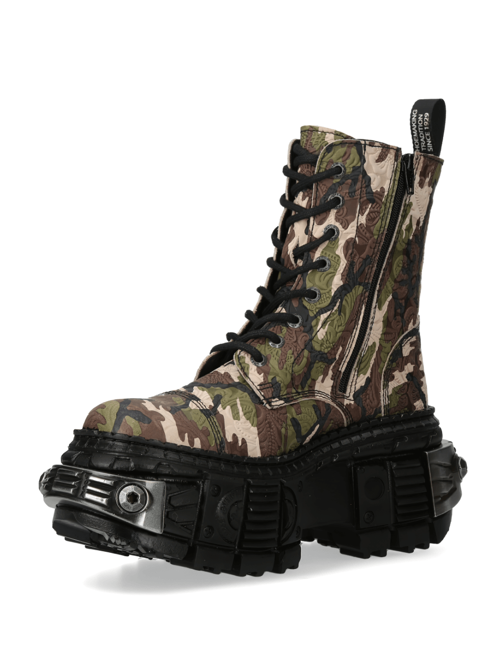 NEW ROCK urban heavy rock ankle boots with camouflage pattern, zipper and cord style, crafted from genuine leather.