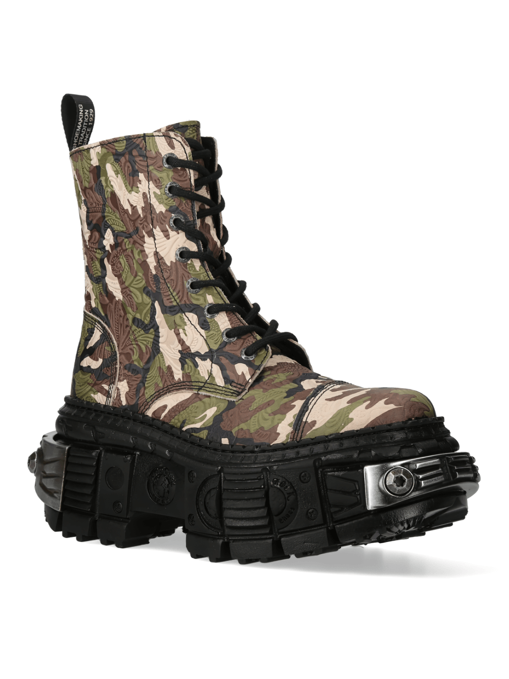 Camouflage urban heavy rock ankle boots with zip and platform sole, perfect for a fashionable statement.