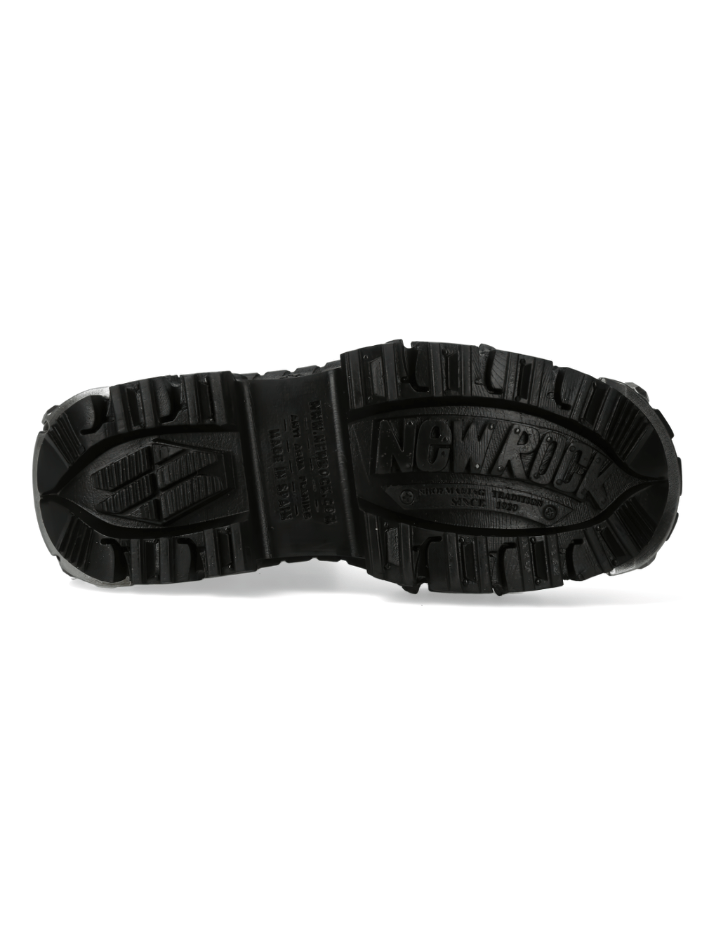 Underside view of NEW ROCK heavy rock ankle boots showcasing rugged sole and brand logo, perfect for urban adventures.