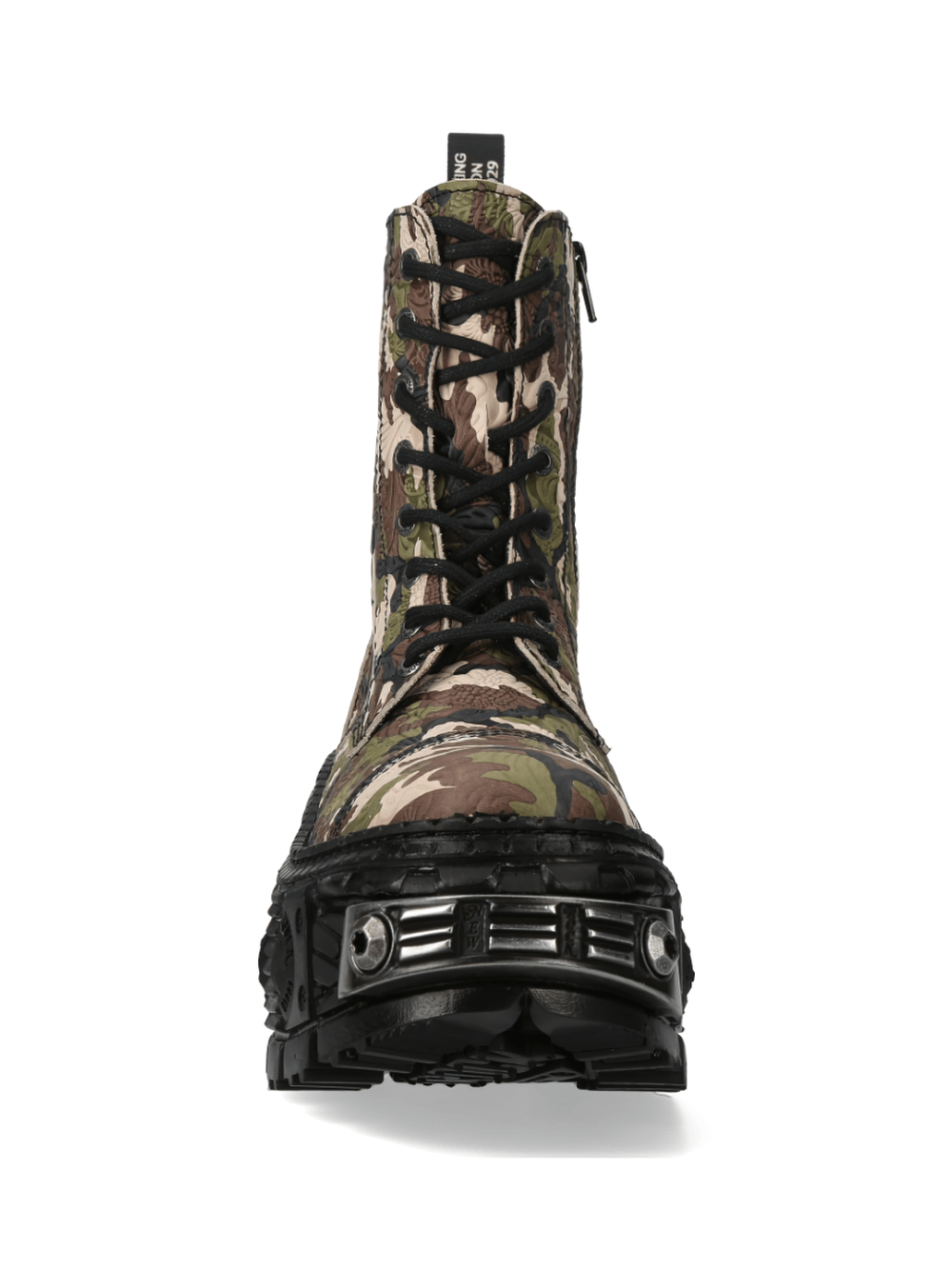 Front view of NEW ROCK Camouflage Urban Heavy Rock Ankle Boots with zipper and platform sole.