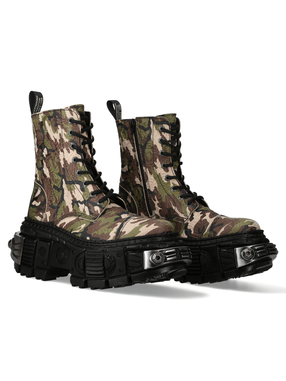 Camouflage urban heavy rock ankle boots with zipper and cord clasp, crafted from genuine leather.