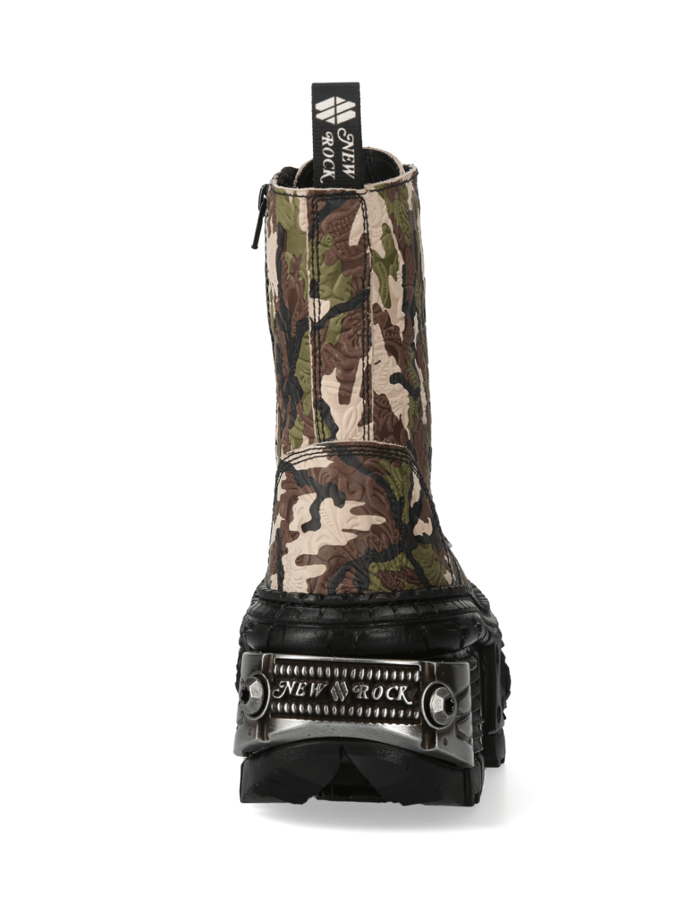 Back view of NEW ROCK camouflage urban heavy rock ankle boots with zipper and edgy platform design.