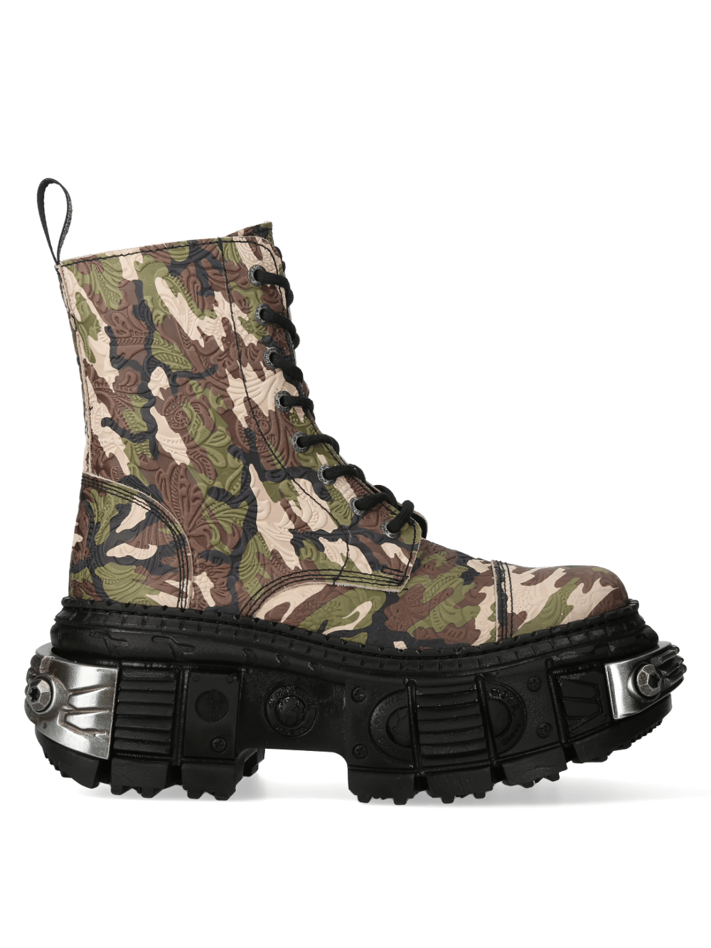 NEW ROCK camouflage urban heavy rock ankle boots with zipper and cord clasp, featuring a stylish platform design.