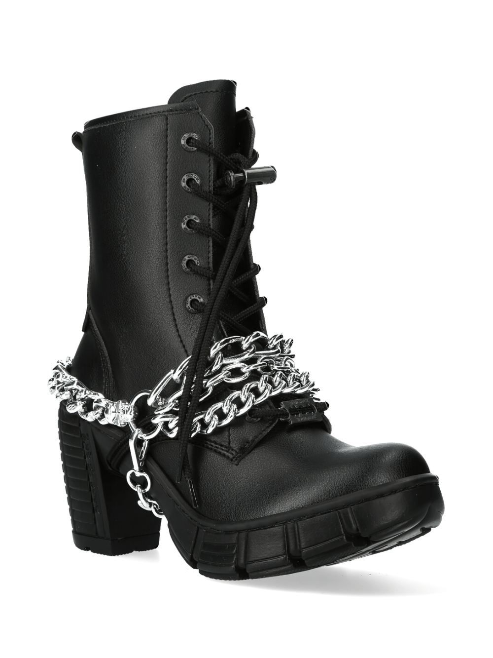 Gothic black ankle boots with chains and zipper, perfect for edgy urban style and comfort.