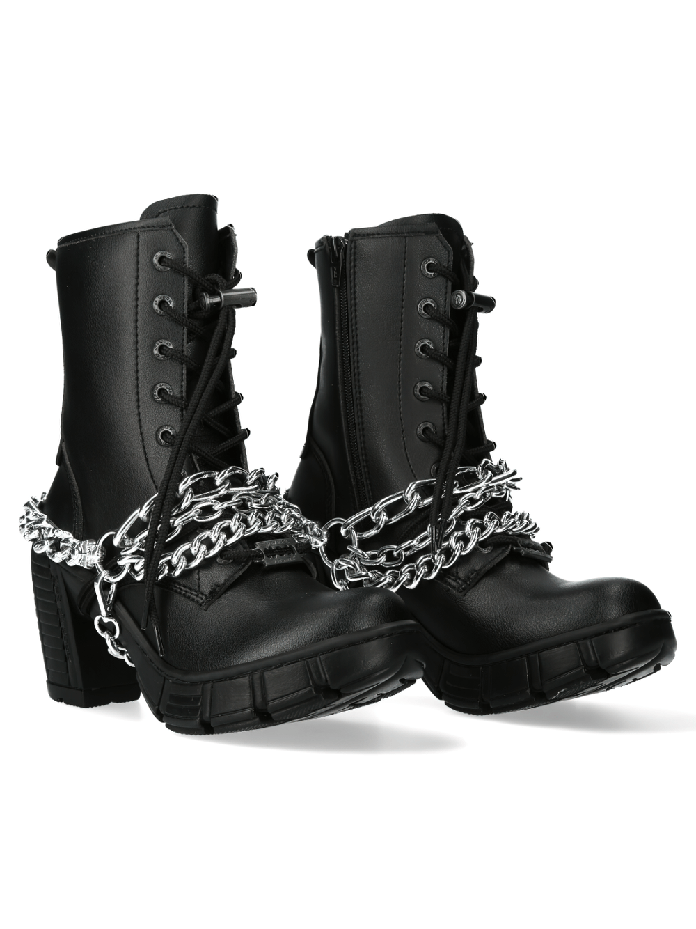 Black lace-up ankle boots with chains and zipper for Gothic urban style.