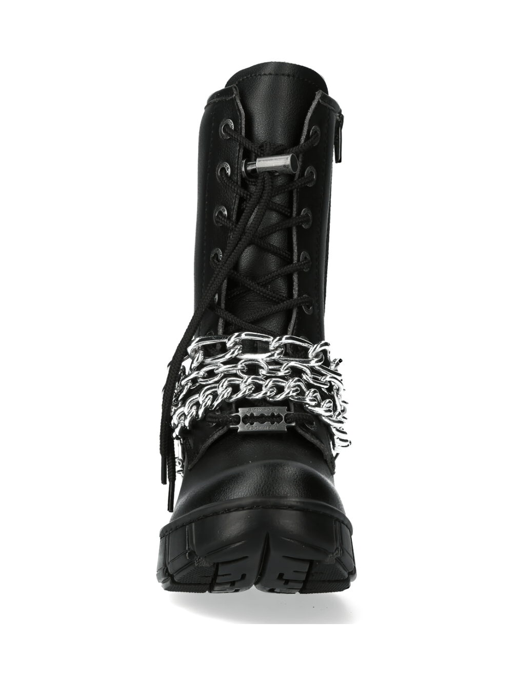 Front view of NEW ROCK Chain-Linked Black Ankle Boots with Zipper, featuring lace-up design and steel chains.