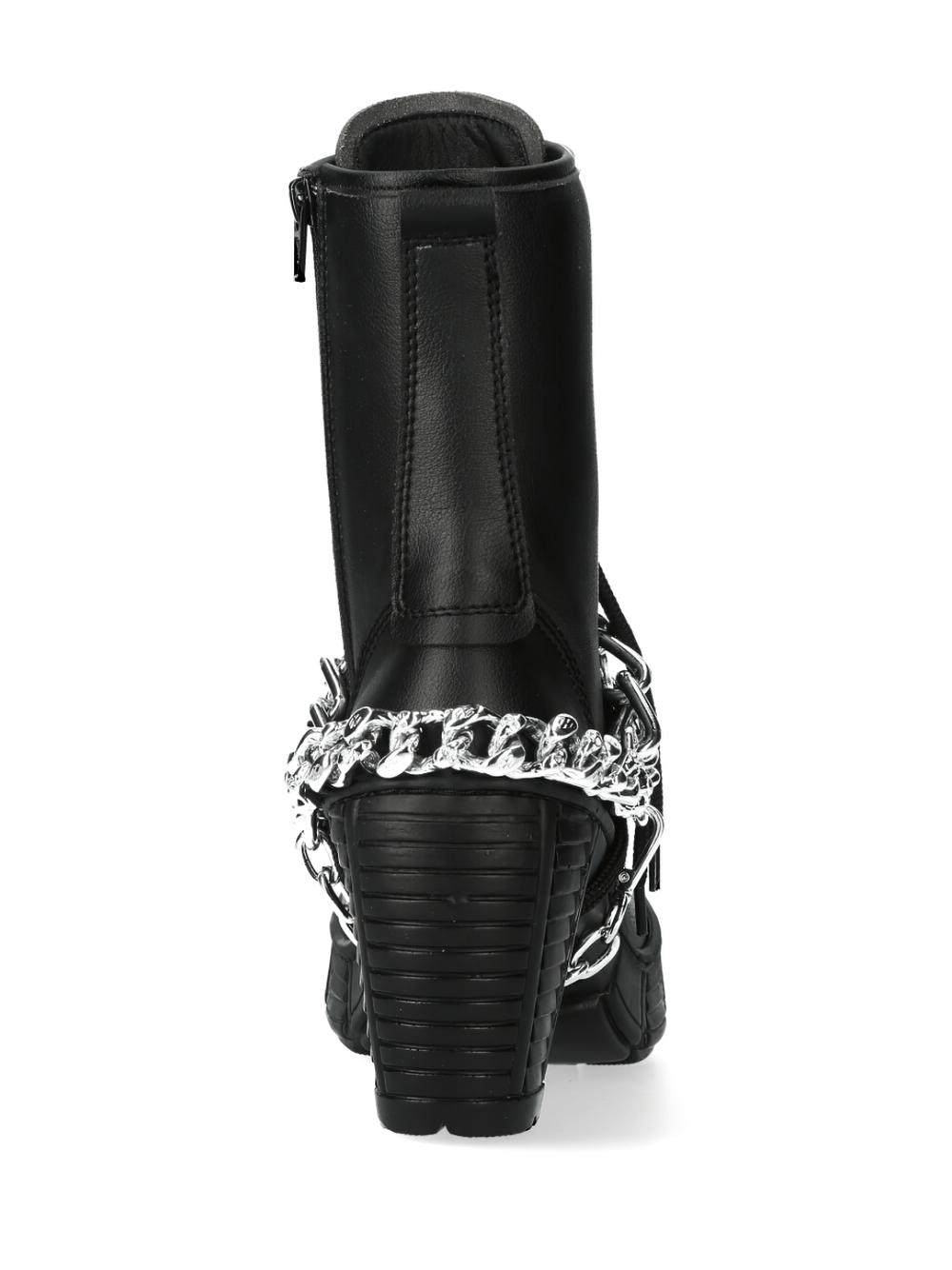Back view of NEW ROCK Chain-Linked Black Ankle Boots with Zipper, featuring stylish steel chains and a sleek design.