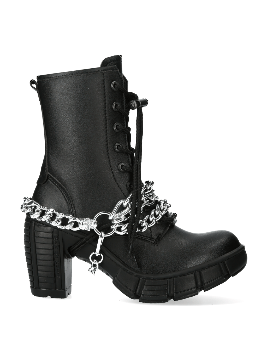 New Rock black ankle boots with lace-up design, featuring striking silver chains and a chunky heel for gothic urban style.