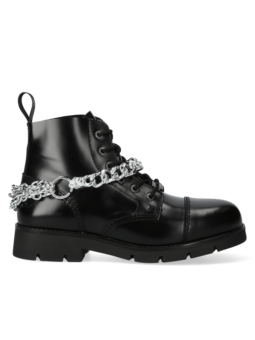 Chic black leather Ranger ankle boots with chain embellishments and sturdy rubber sole for urban styling.