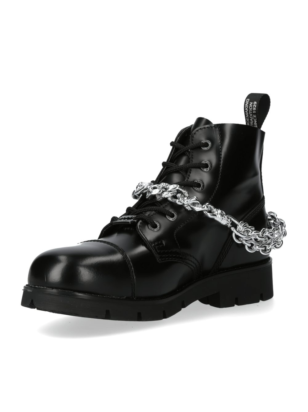 NEW ROCK black leather ranger ankle boots with chains, stylish and durable footwear for rock and urban fashion lovers.