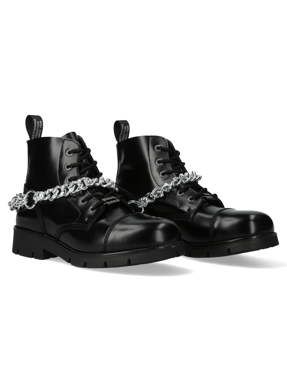 NEW ROCK Chained Black Leather Ranger Ankle Boots with stylish chain detail and durable rubber soles.