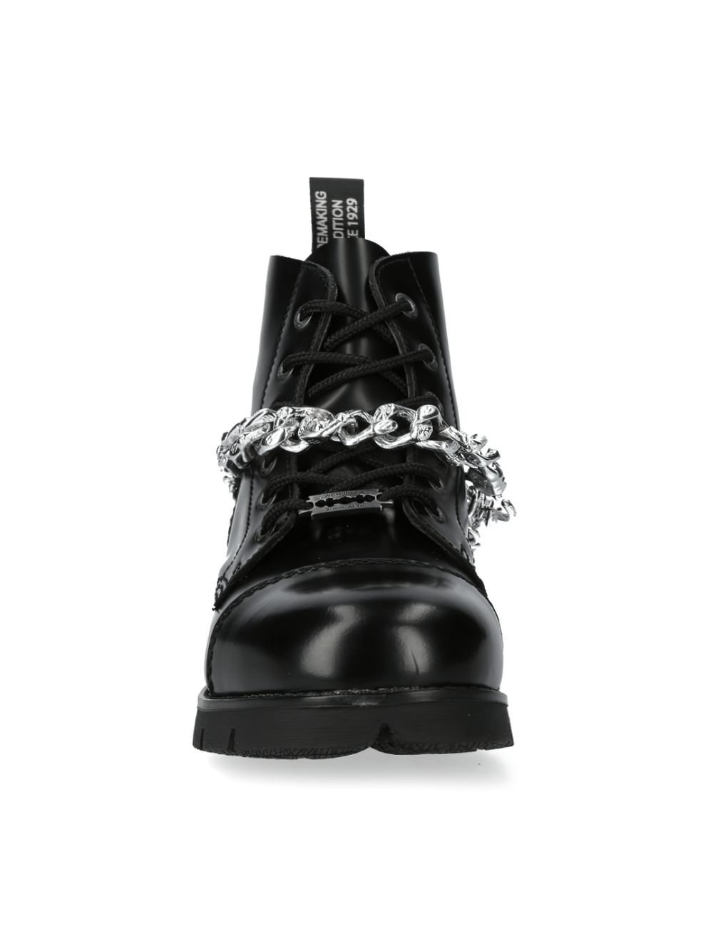 Bold black leather ankle boots with chains from the NEW ROCK Ranger Collection, perfect for stylish urban fashion.