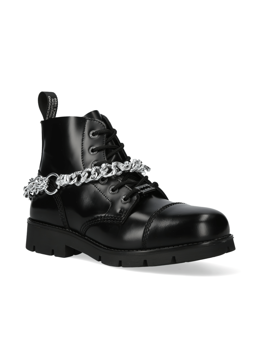 Chic black leather ankle boots with chains from the NEW ROCK Ranger Collection, perfect for bold urban fashion.